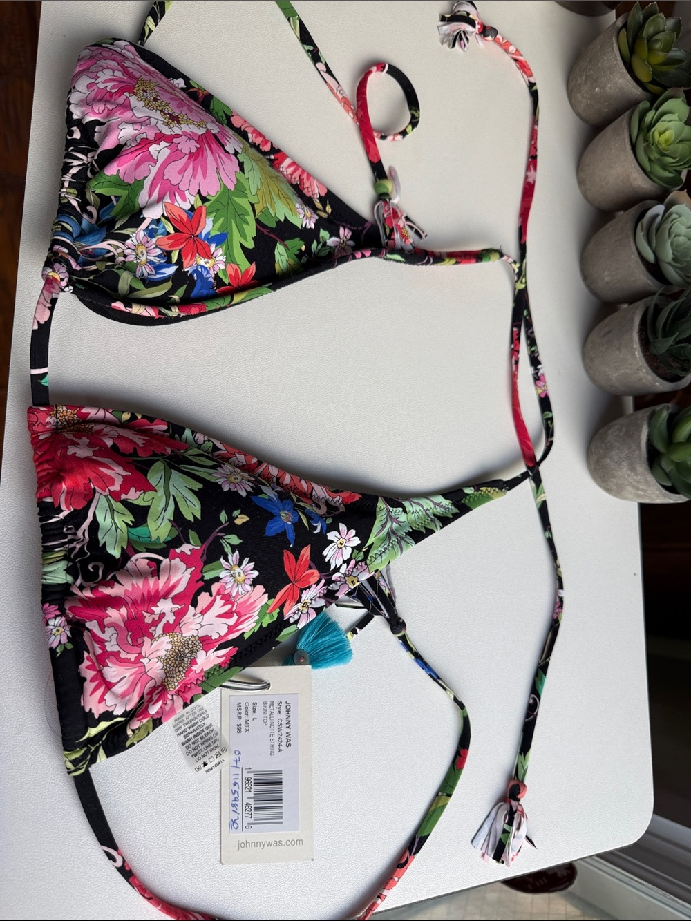 Johnny Was Black Floral Triangle Bikini Top with Pink & Green Accents